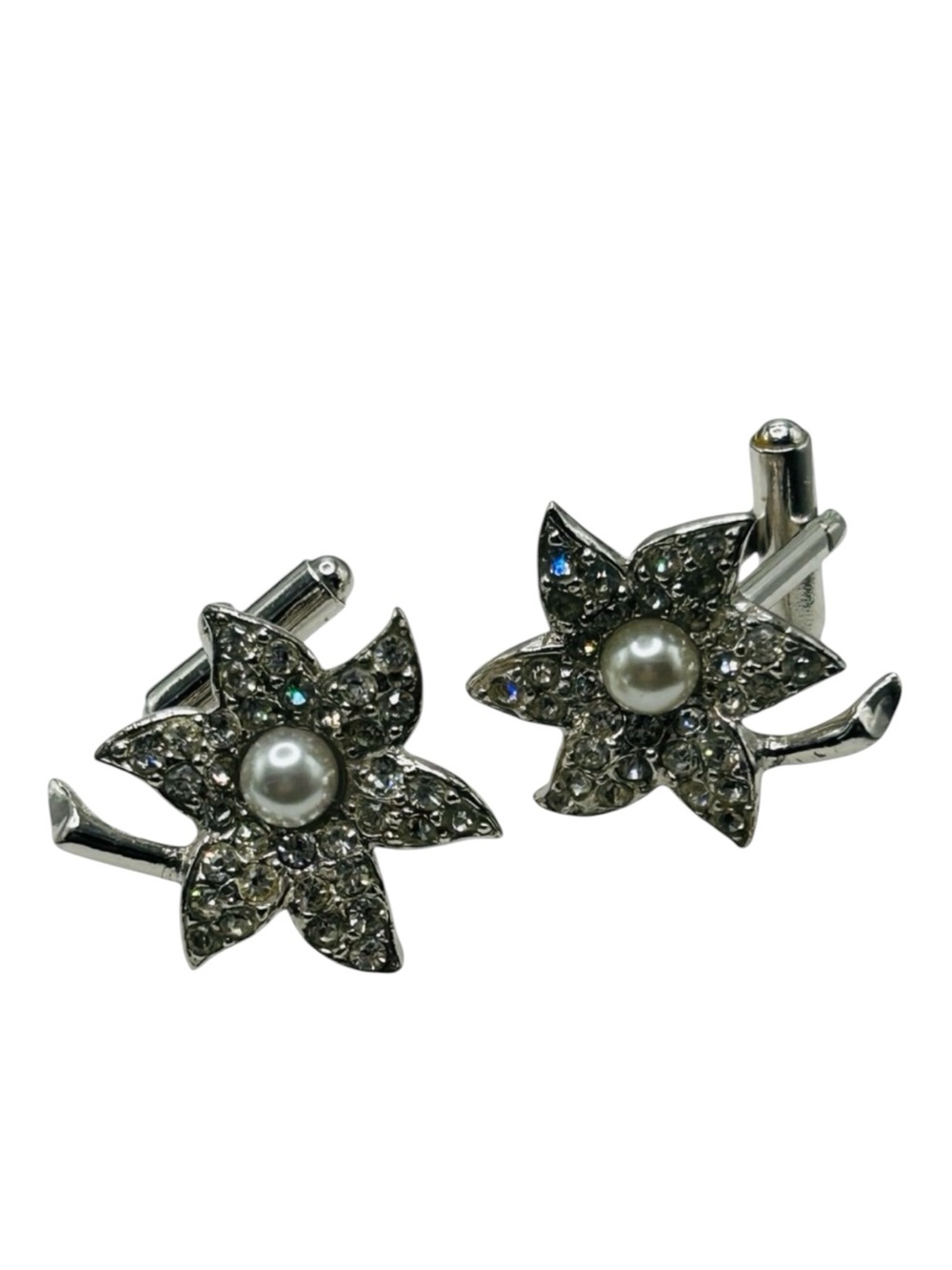 Vintage Flower Rhinestone Faux Pearl Cuff Links Unisex